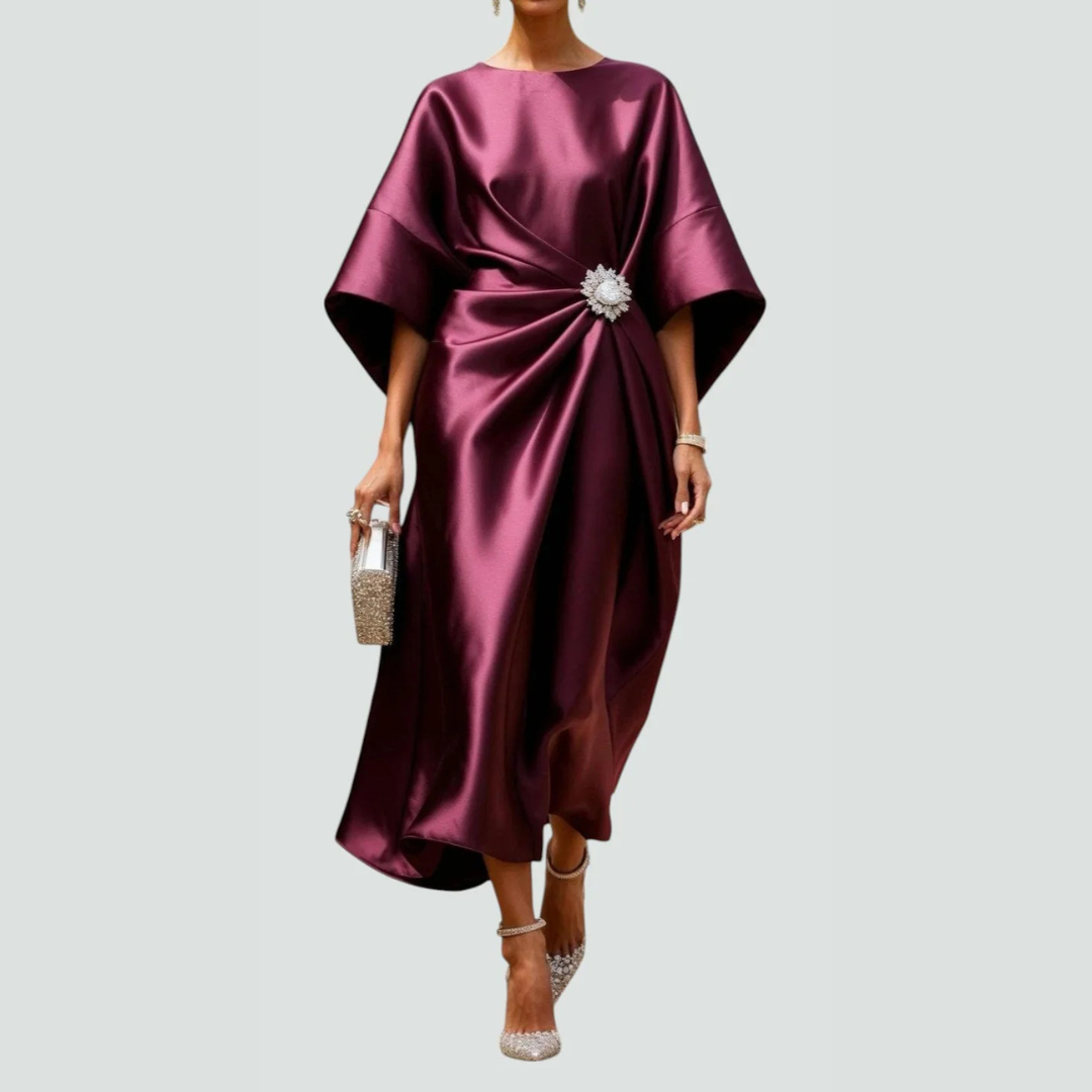 Damen Fledermausärmel Midi Kleid Drapiert
