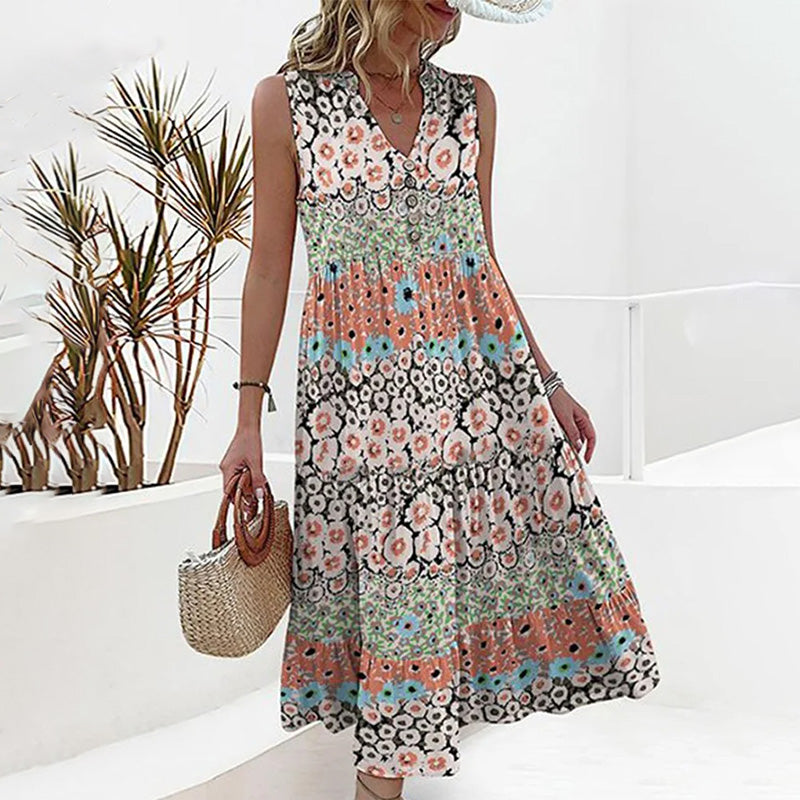 Eveloria Damen Ärmelloses Sommerkleid V-Ausschnitt Blumenmuster - Eveloria