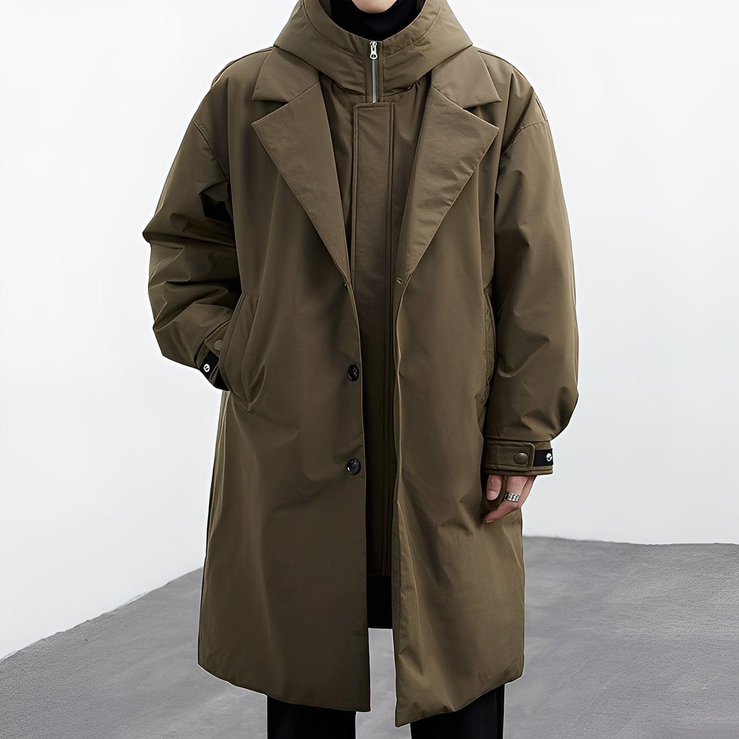 Herren Trenchcoat Lang Kapuze Wasserdicht Schwarz - Eveloria