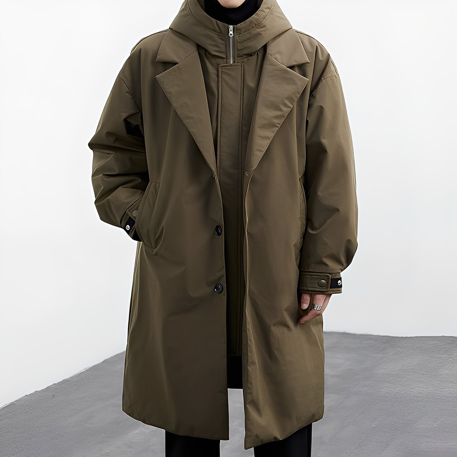 Herren Trenchcoat Lang Kapuze Wasserdicht Schwarz - Eveloria