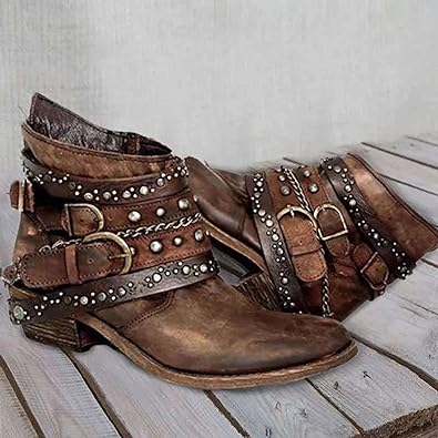 Eveloria Damen Knöchelstiefel Leder Western-Design Niedriger Absatz - Eveloria