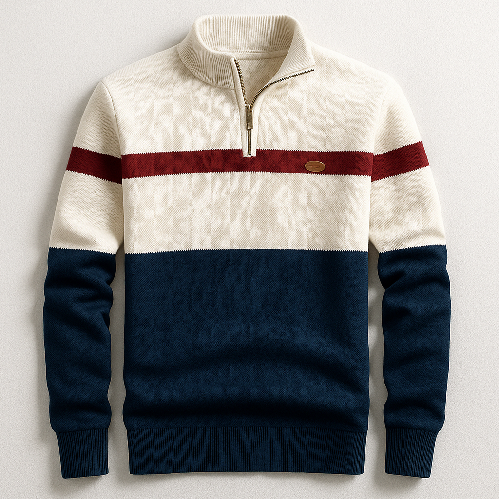 Herren Halbzippullover Blockstreifen-Design Warm Beige - Eveloria