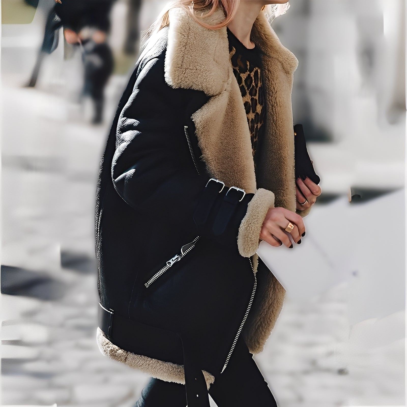 Damen Aviator Winterjacke Shearling Gefüttert Schwarz - Eveloria