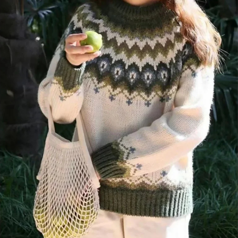 Aubryna Damen Grobstrickpullover Norwegermuster Tribal Look - Eveloria