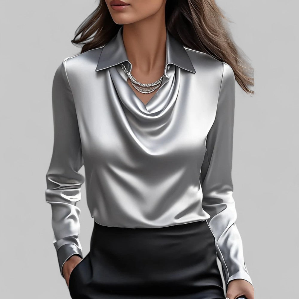 Elegante Damen Satinbluse Wasserfallausschnitt