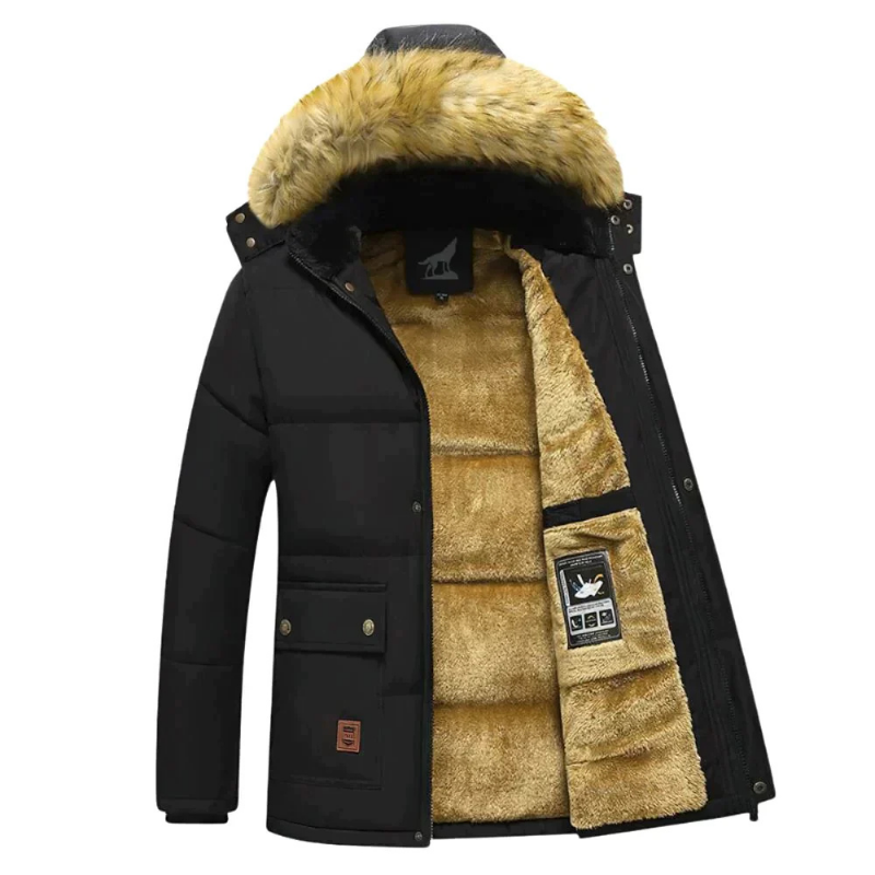 Herren Winterparka Warm Gefüttert Abnehmbare Fellkapuze Schwarz - Eveloria
