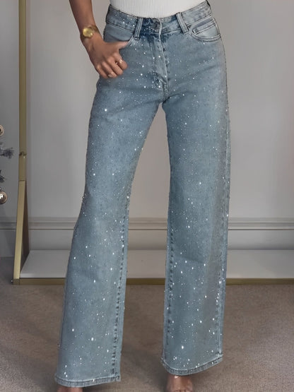 Damen High-Waist Jeans Glitzerdetails Darkblau