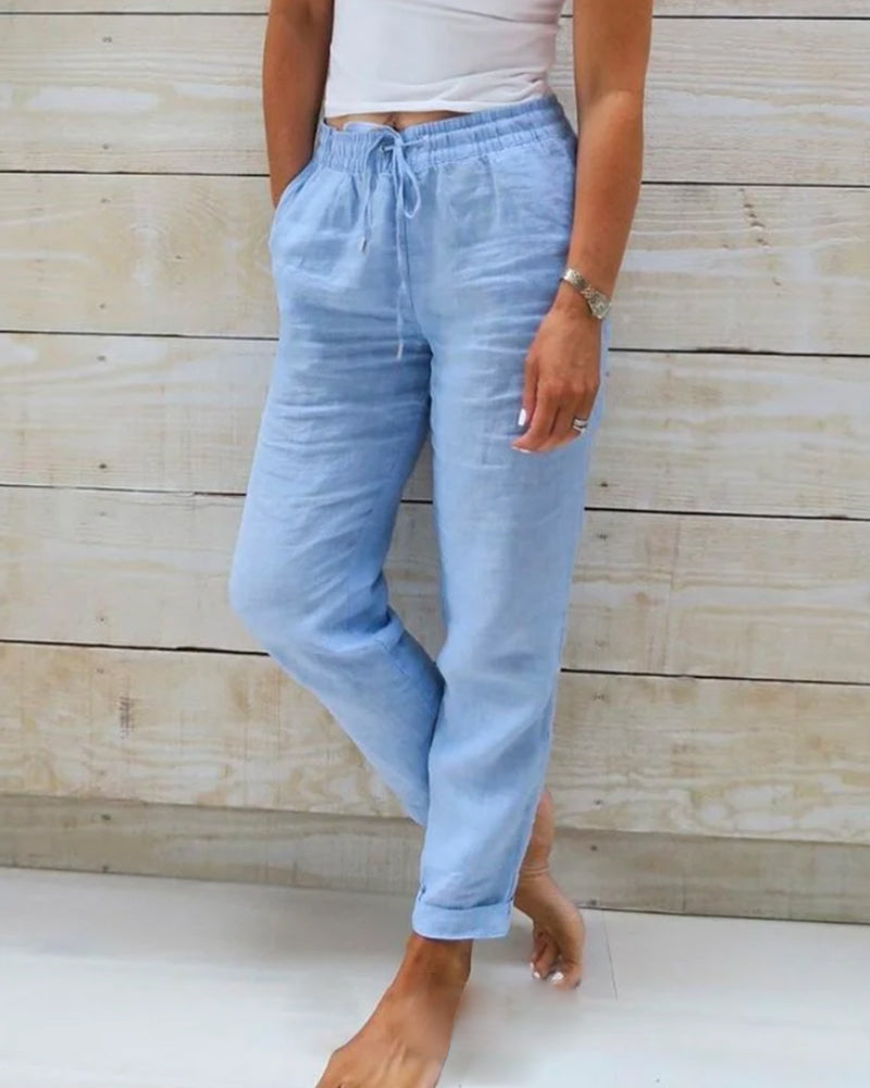 Damen Leinenhose Lässig Sommer Beige mit Kordelzug - Eveloria