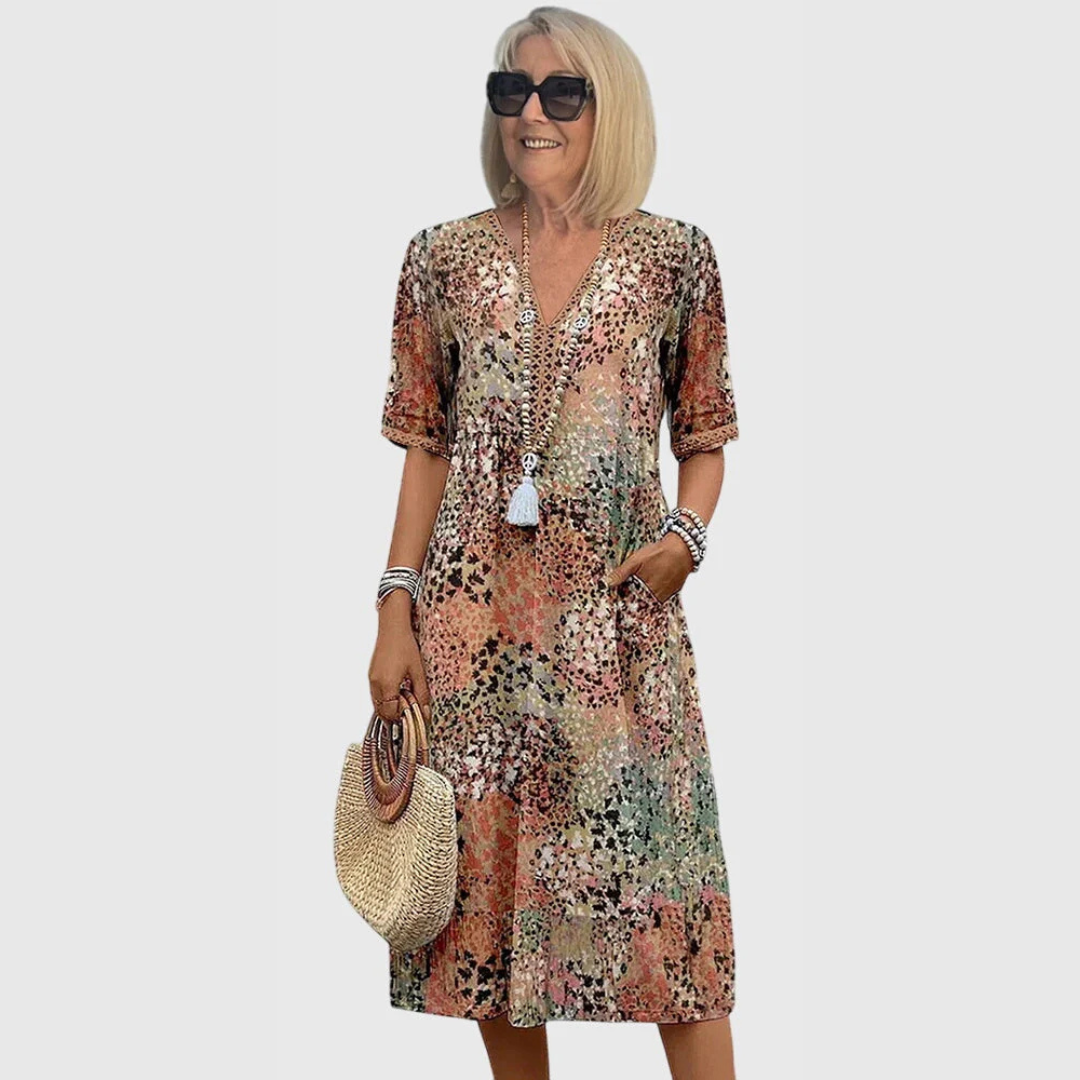 Maja Damen V-Ausschnitt Midi Kleid Bedruckt - Eveloria
