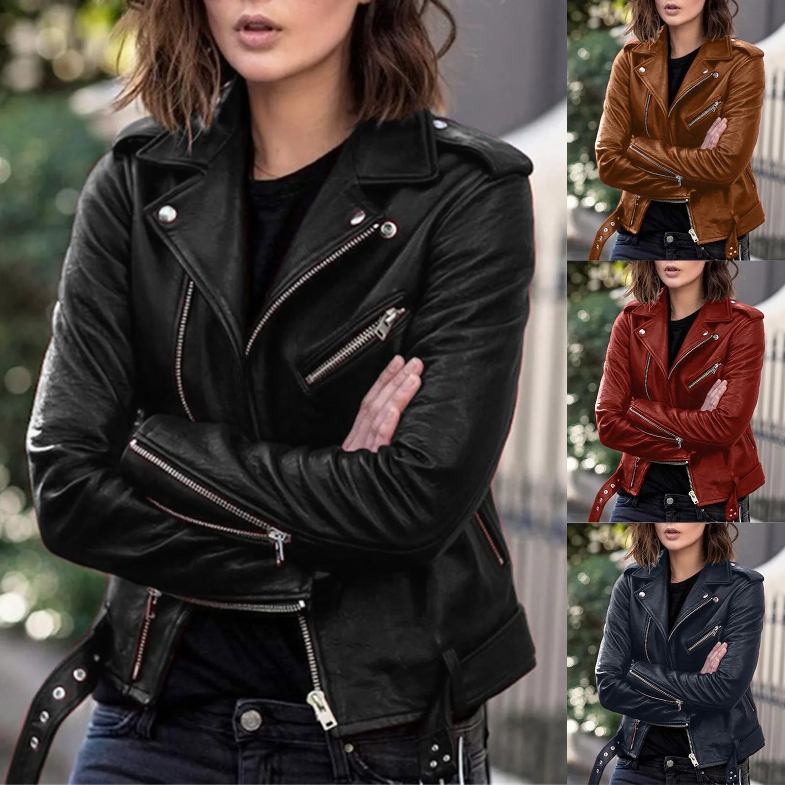 Eveloria Damen Bikerjacke Leder Gürtel Schwarz - Eveloria