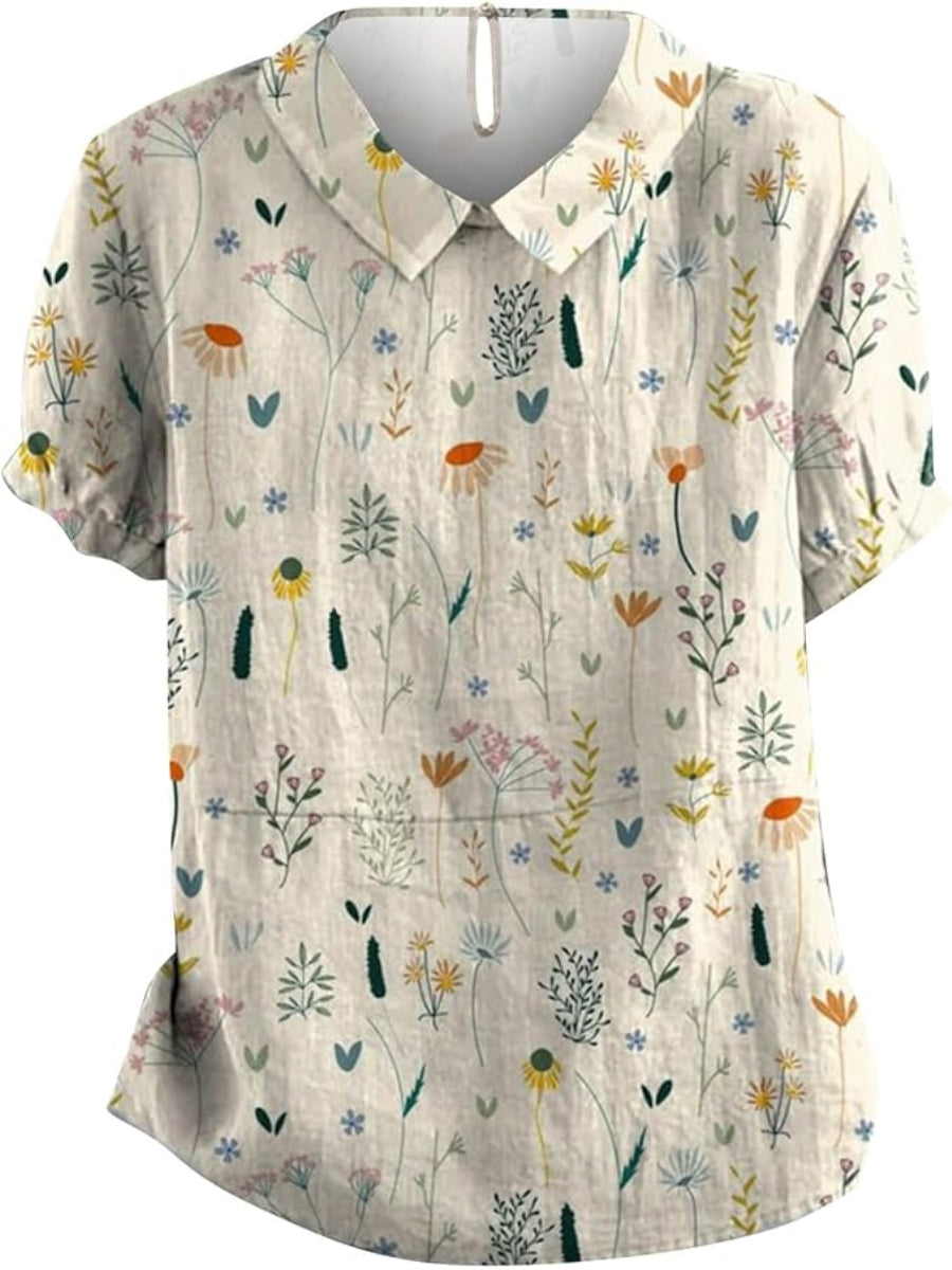 Damen Bluse Kurzärmelig Blumenmuster Mit Kragen