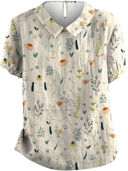 Damen Bluse Kurzärmelig Blumenmuster Mit Kragen