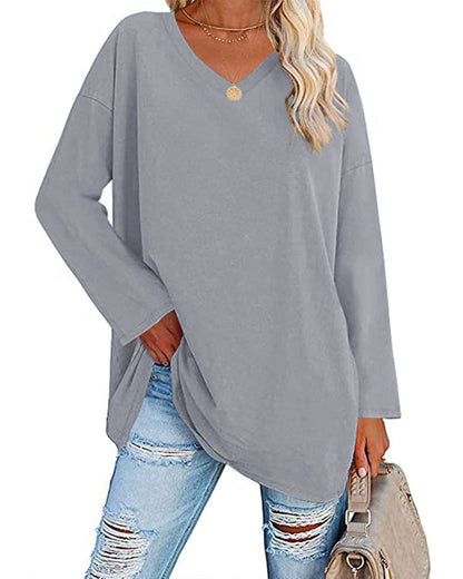 Eveloria Damen Langarm T-Shirt V-Ausschnitt Einfarbig