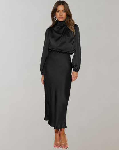 Eveloria Damen Satin Kleid Langärmlig