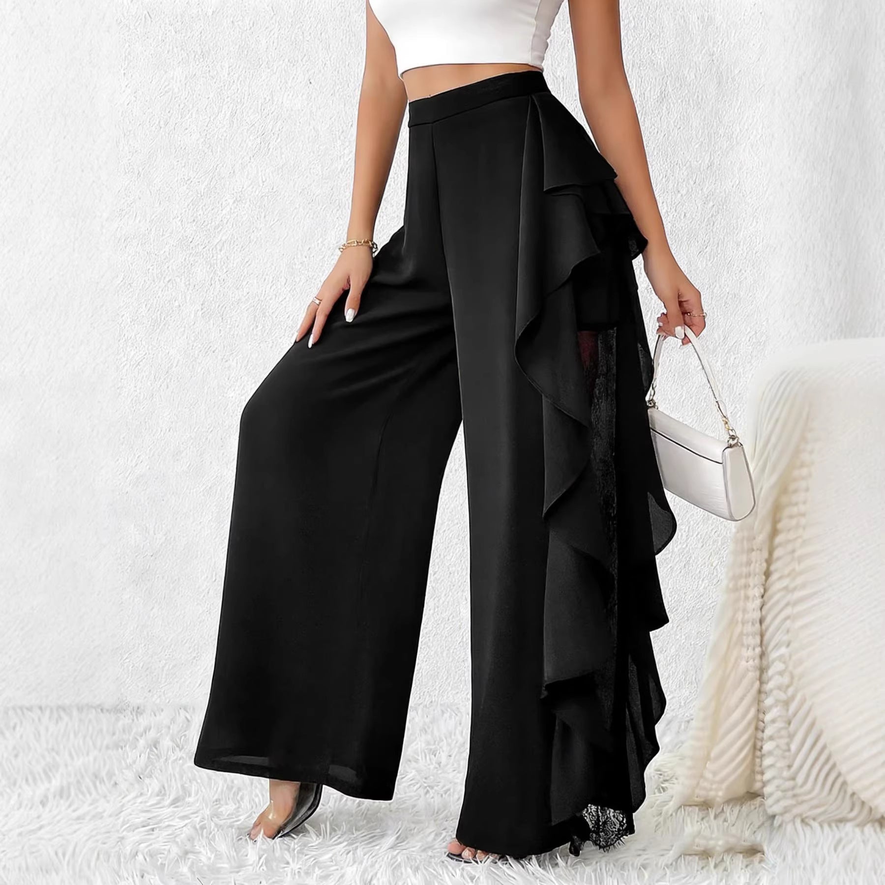 Damen High-Waist Hose Weites Bein Eleganter Stoff Schwarz - Eveloria