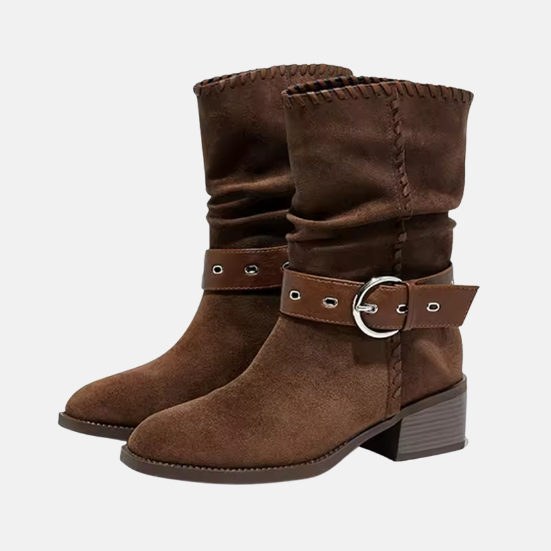 Eveloria Damen Stiefel Faux Suede Mid-Calf Mandelspitze Blockabsatz - Eveloria