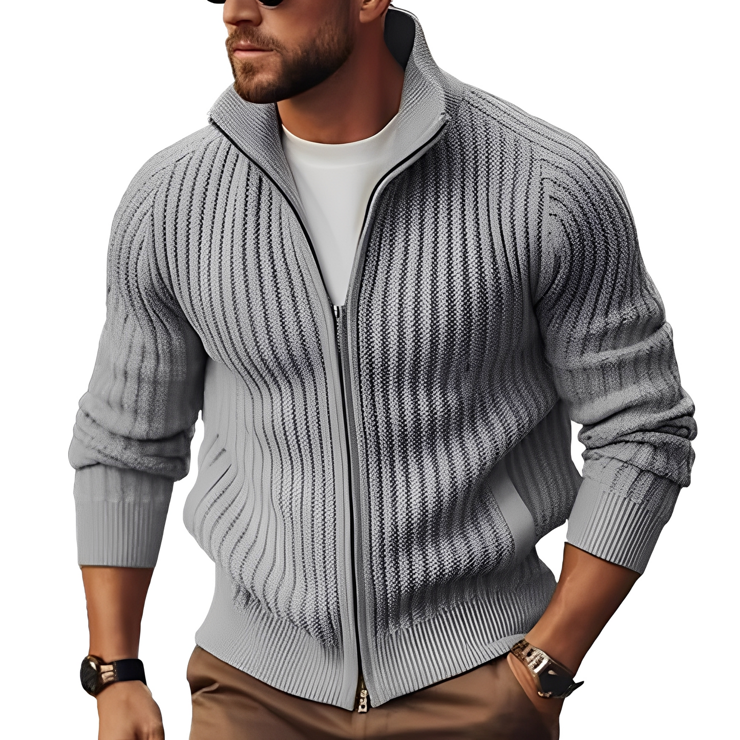 Herren Strickjacke Reißverschluss Cardigan Grau