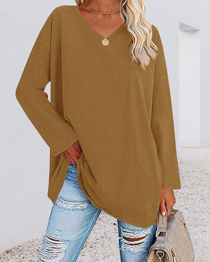 Eveloria Damen Langarm T-Shirt V-Ausschnitt Einfarbig
