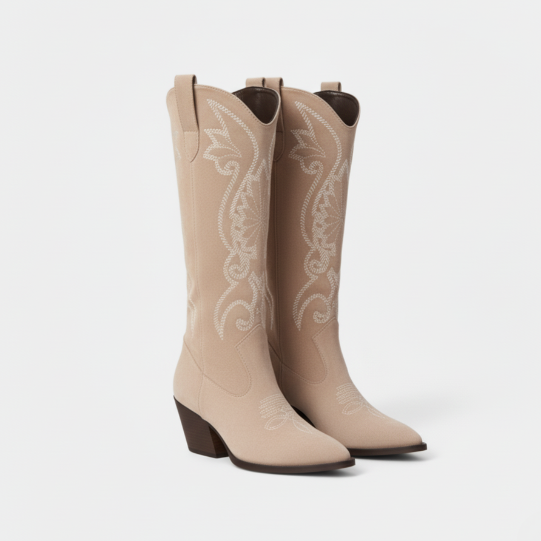Damen Stiefel Kunstleder Knielang Bestickt Western Blockabsatz