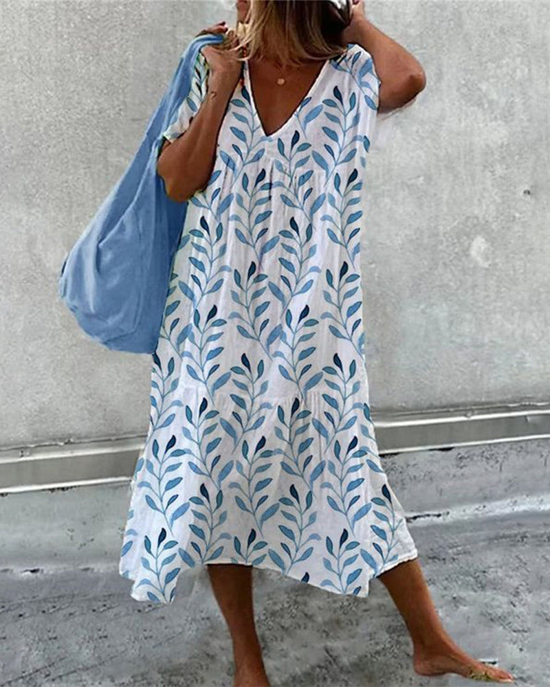 Damen Sommerkleid V-Ausschnitt Blätterprint Midi