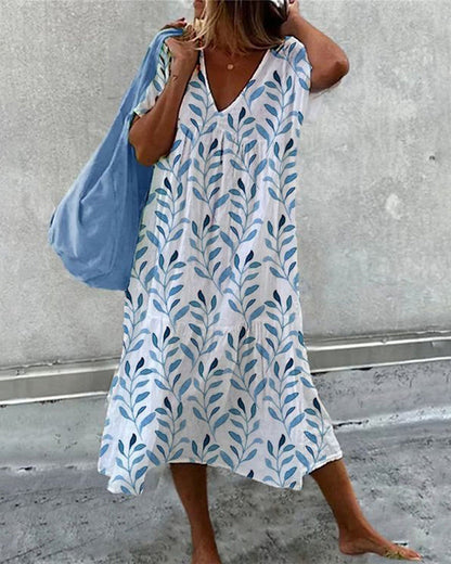 Damen Sommerkleid V-Ausschnitt Blätterprint Midi
