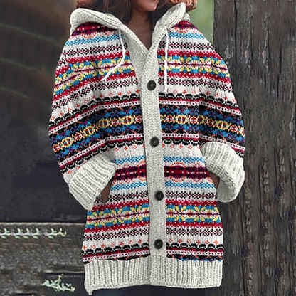 Damen Cardigan Lang Mit Kapuze Knöpfe