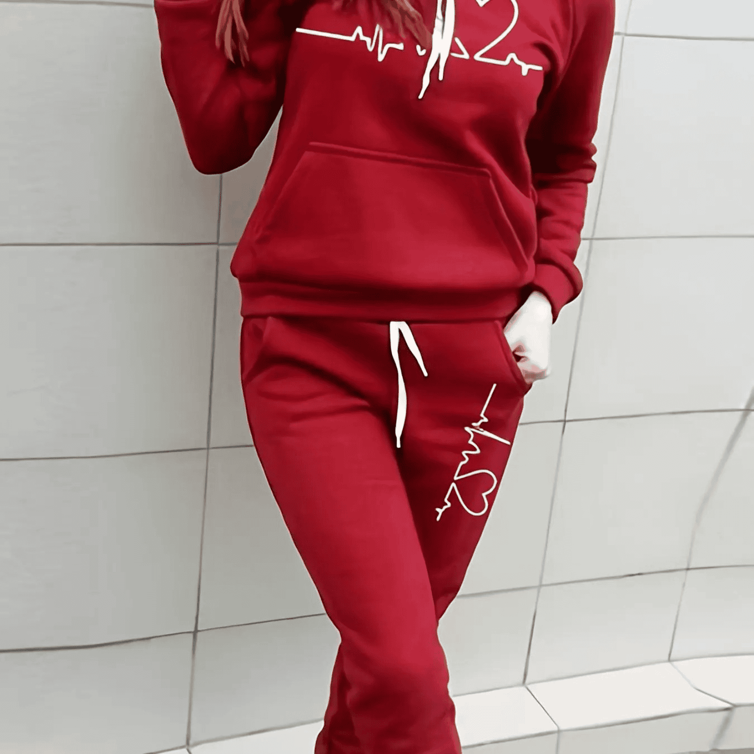 Damen Winter Hoodie Jogginghose Set Herzschlagmotiv - Eveloria