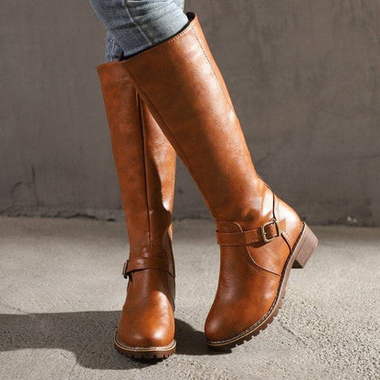 Damen Kniehohe Stiefel Blockabsatz Rundzehen Leder Schwarz - Eveloria