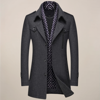 Herren Wintermantel Lang Knopfleiste Woll-Look