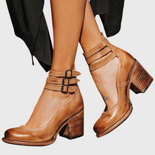 Damen Blockabsatz Stiefel Schnallenriemen Schwarz - Eveloria