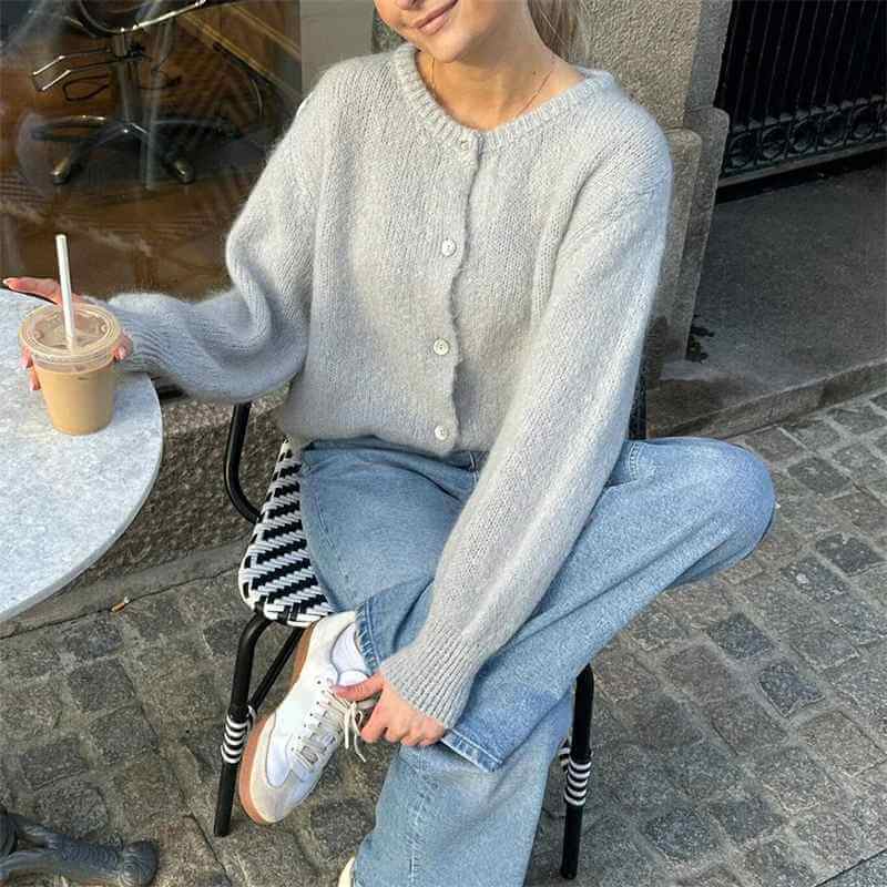 Damen Strickcardigan Weich Knöpfe Beige