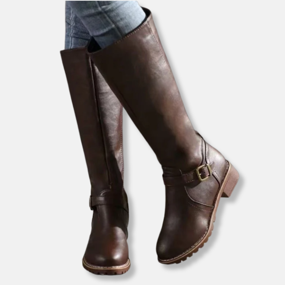 Damen Stiefel Kunstleder Kniefester Schaft Abgerundete Spitze