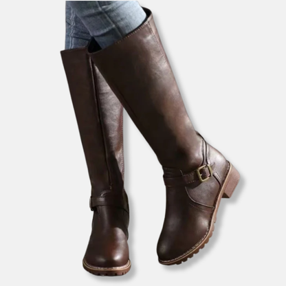 Damen Stiefel Kunstleder Kniefester Schaft Abgerundete Spitze