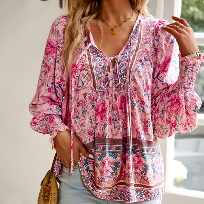Damen Bluse Blumenmuster Schleifenkragen Weite Ärmel Sommerlook - Eveloria