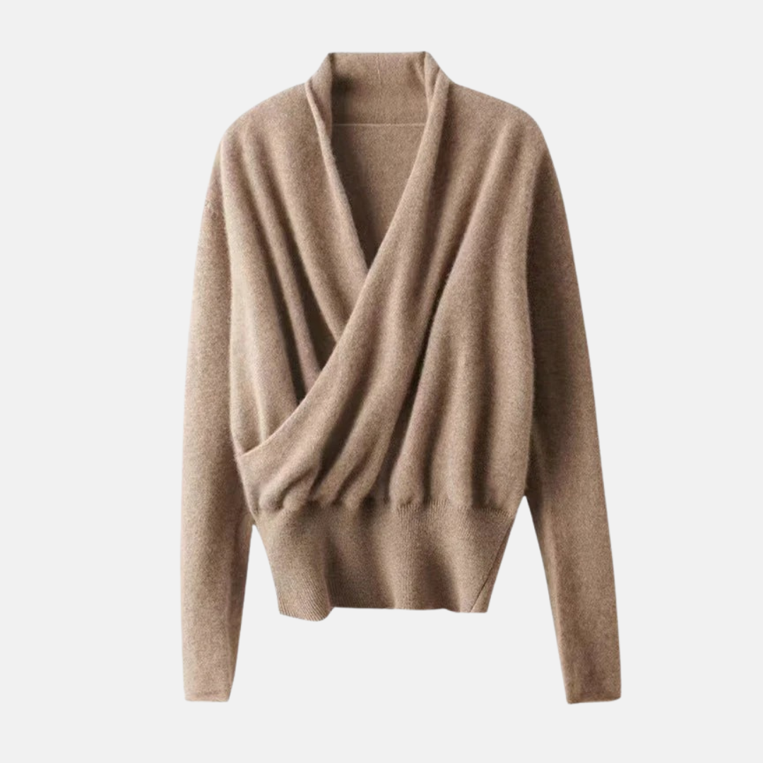 Damen Wickelpullover Weiches Strickmaterial Langarm V-Ausschnitt Beige - Eveloria