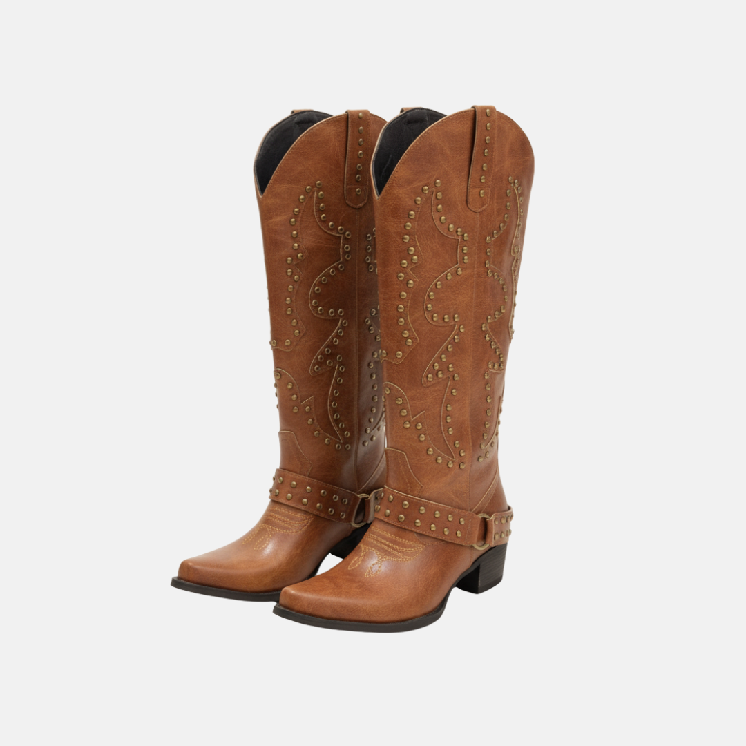 Eveloria Damen Stiefel Kunstleder Knielang Spitzzehe Nieten - Eveloria