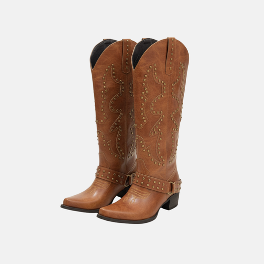 Eveloria Damen Stiefel Kunstleder Knielang Spitzzehe Nieten - Eveloria