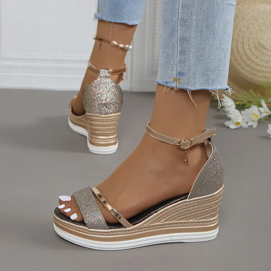 Damen Keilabsatz Sandalen Plattform Riemen Schwarz - Eveloria