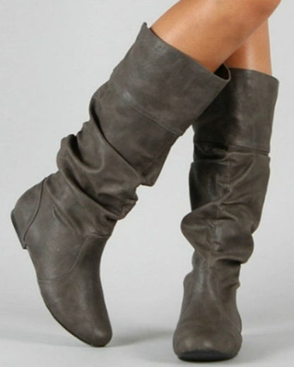 Eveloria Damen Flache Stiefel Bis Zum Knie Faltenleder