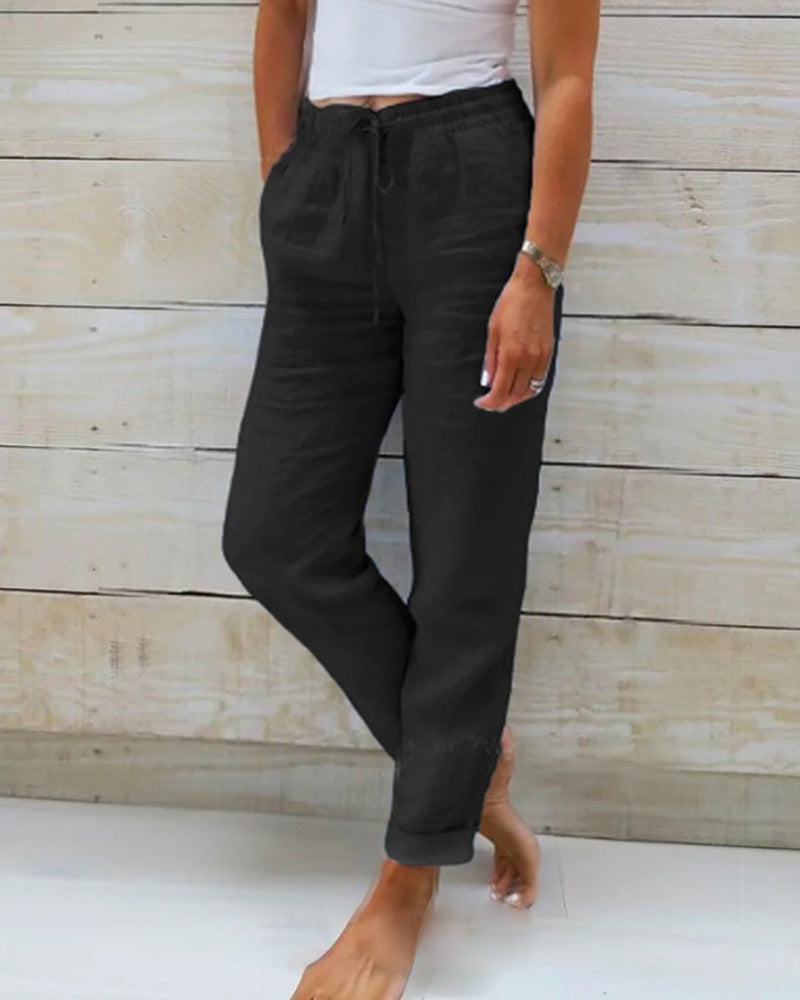 Damen Leinenhose Lässig Sommer Beige mit Kordelzug