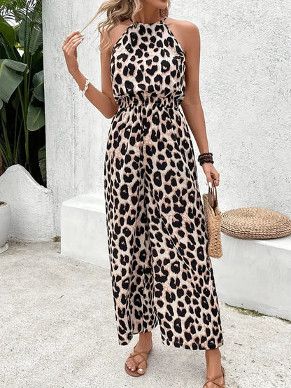 Eveloria Damen Overall Leopardenmuster Halterkragen