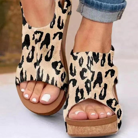 Damen Keilabsatz Sandalen Fischmund Plattform Leder Schwarz - Eveloria