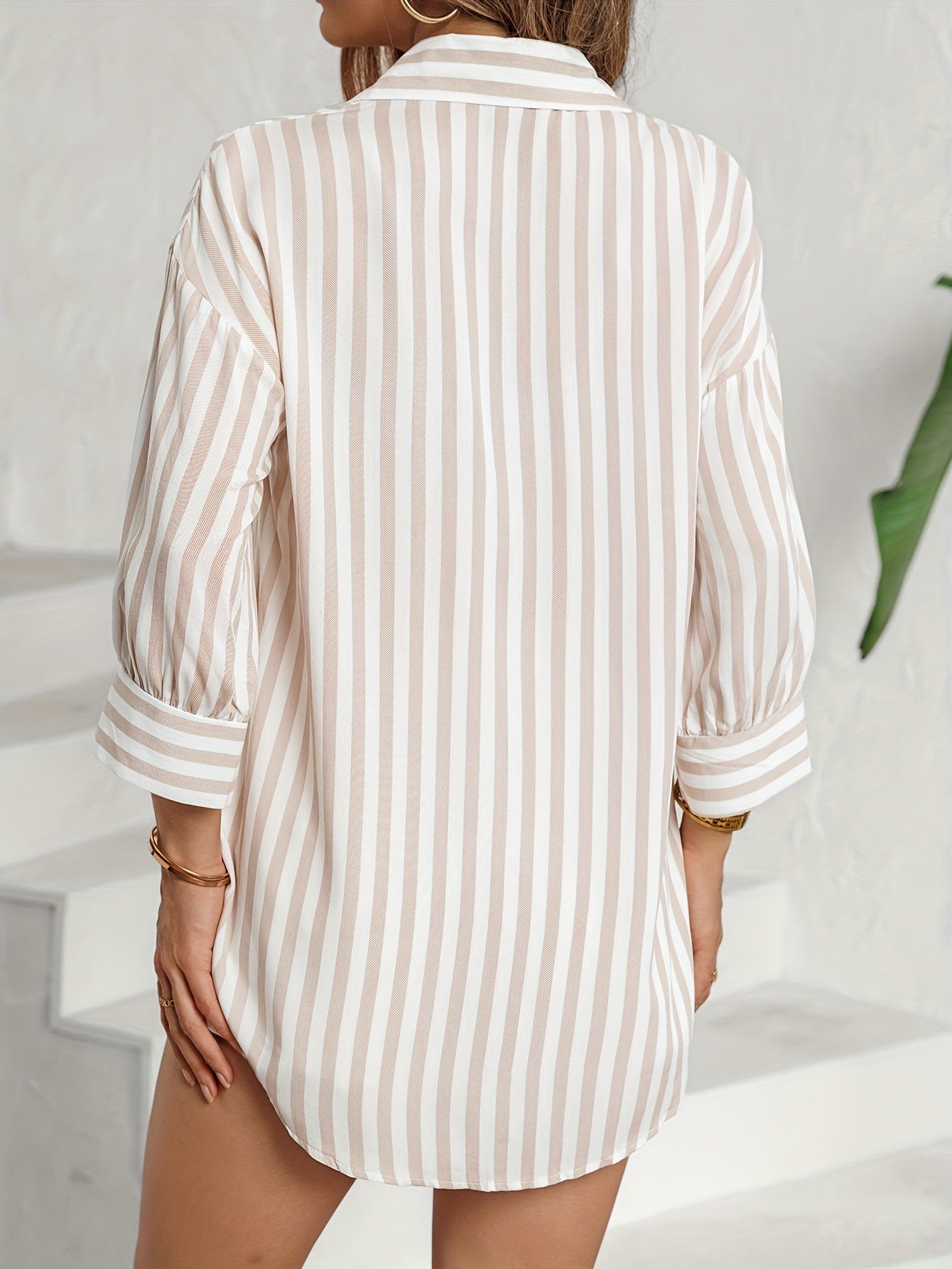 Damen Bluse Klassische Streifen Bluse mit Reverskragen und Knöpfen