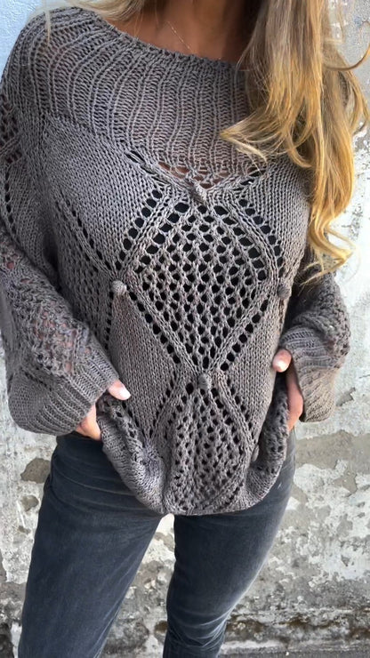 Brenneth Damen Langarm-Stricktop Rundhalsausschnitt Hohldesign