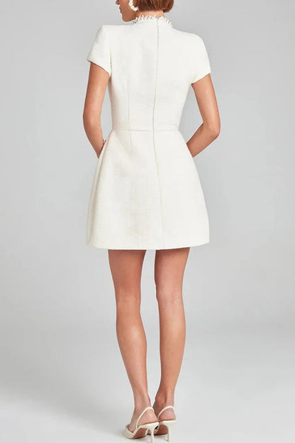 Eveloria Damen Mini Kleid Tweed Kurzarm Perlenbesatz