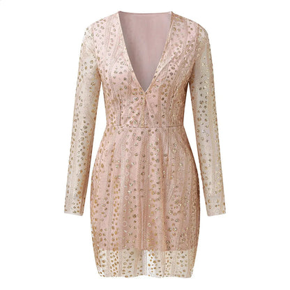 Damen Paillettenkleid Gold Durchsichtig für Party