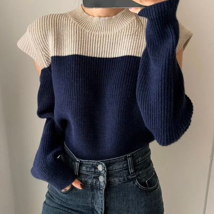 Damen Strickpullover Rundhalsausschnitt Zweifarben