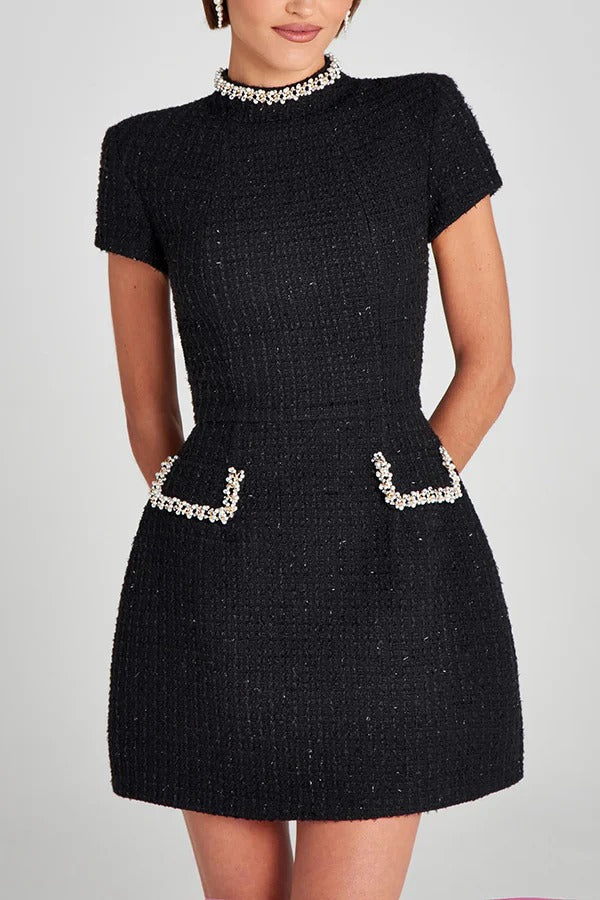 Eveloria Damen Mini Kleid Tweed Kurzarm Perlenbesatz