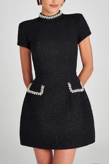 Eveloria Damen Mini Kleid Tweed Kurzarm Perlenbesatz