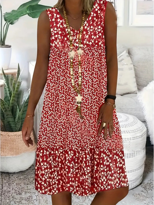 Damen Ärmelloses Sommerkleid V-Ausschnitt Weißes Blumenmuster Leicht - Eveloria